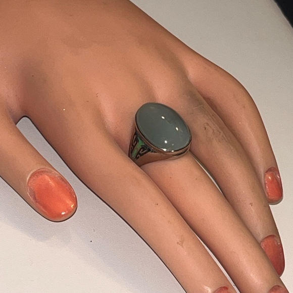 ANTIQUE 10K WHITE GOLD "UNISEX" RING w/NATURAL GREEN MOONSTONE&ENAMELS, ART DECO - Picture 9 of 12